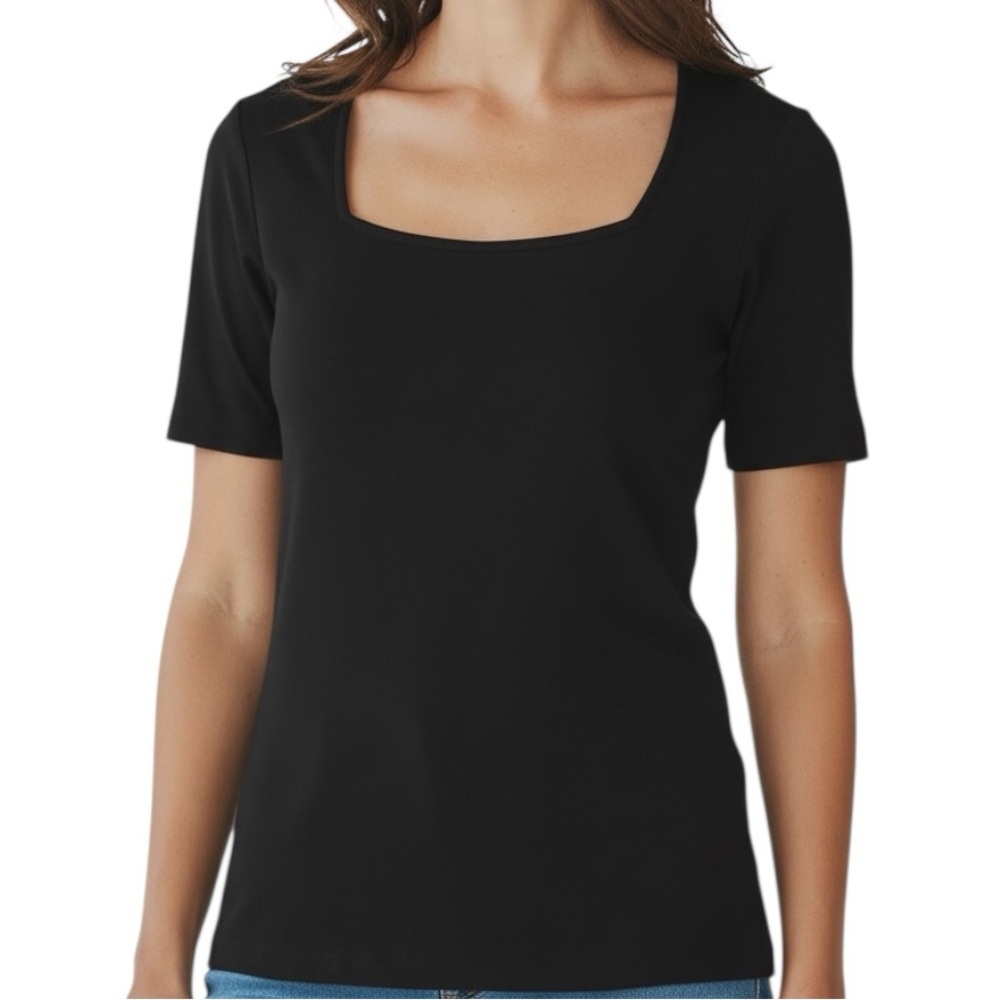 NWT WHITE HOUSE BLACK MARKET Black Square-Neck Short Sleeve Top Size Large